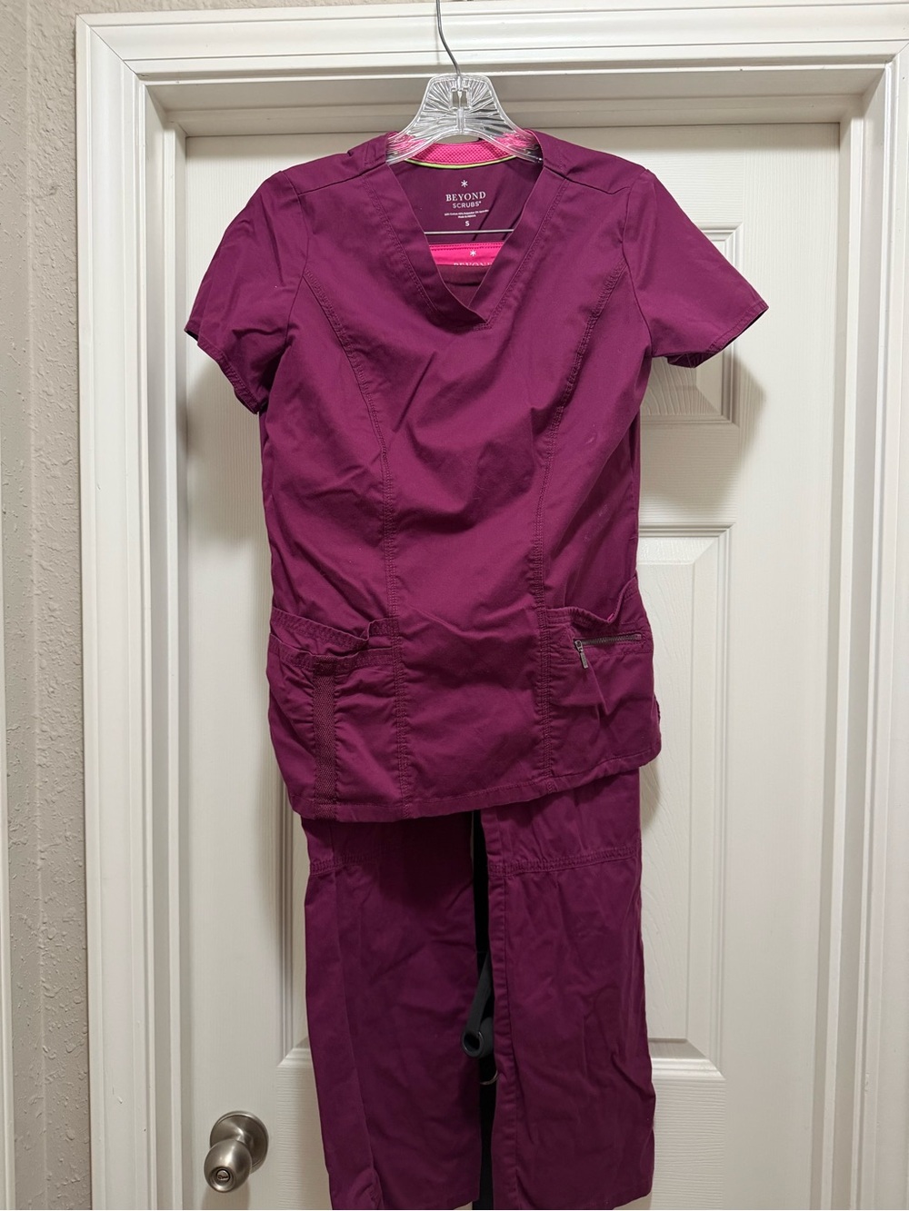 Beyond Scrubs Women's V-Neck Pajama Scrub Set in Berry